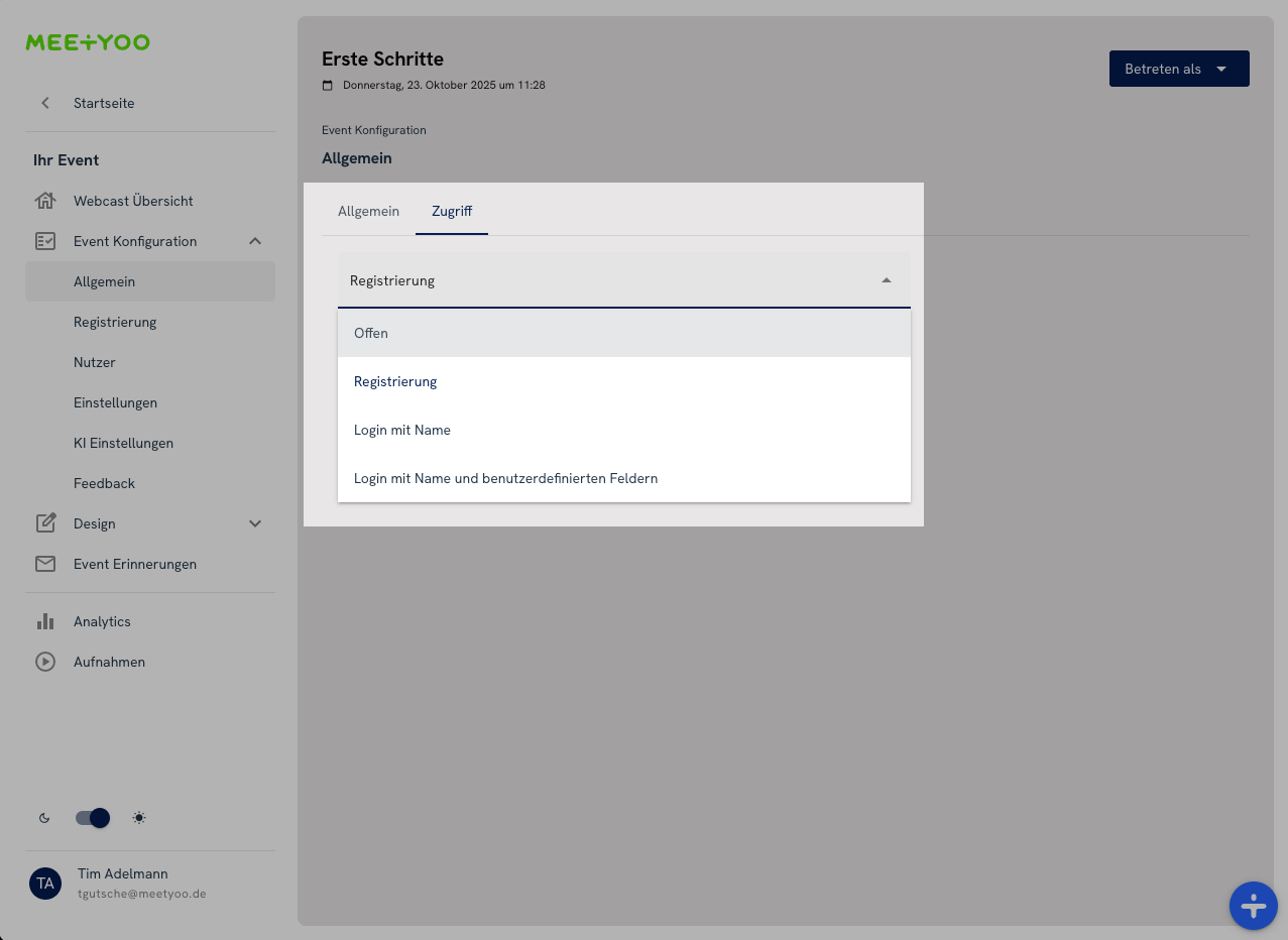 Meetyoo Show: Zugriffsmethode ändern