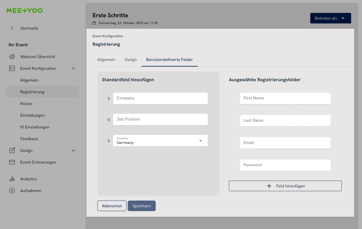 Meetyoo Show: Registrierungsseite konfigurieren