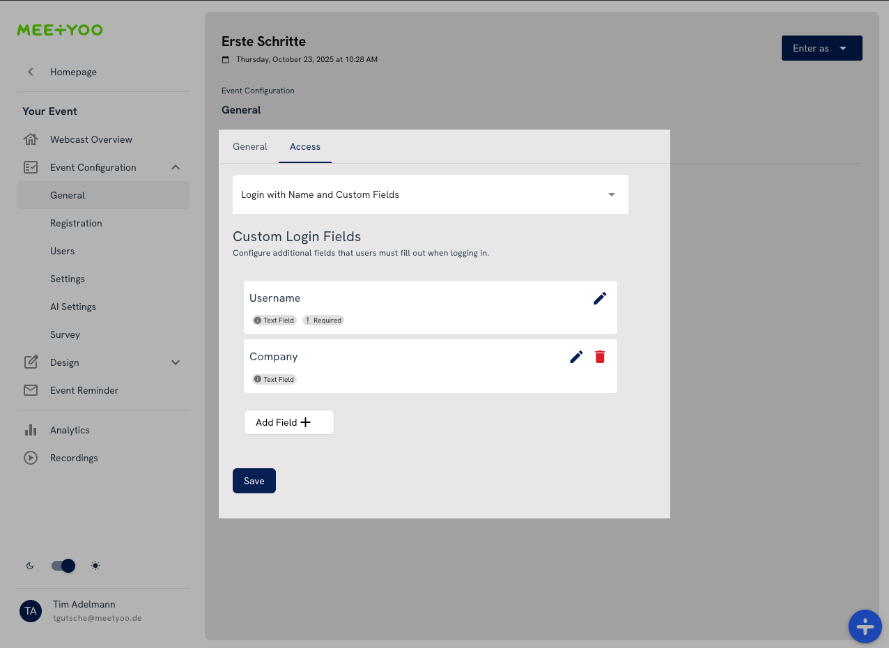 Meetyoo Show: Login with name and custom fields