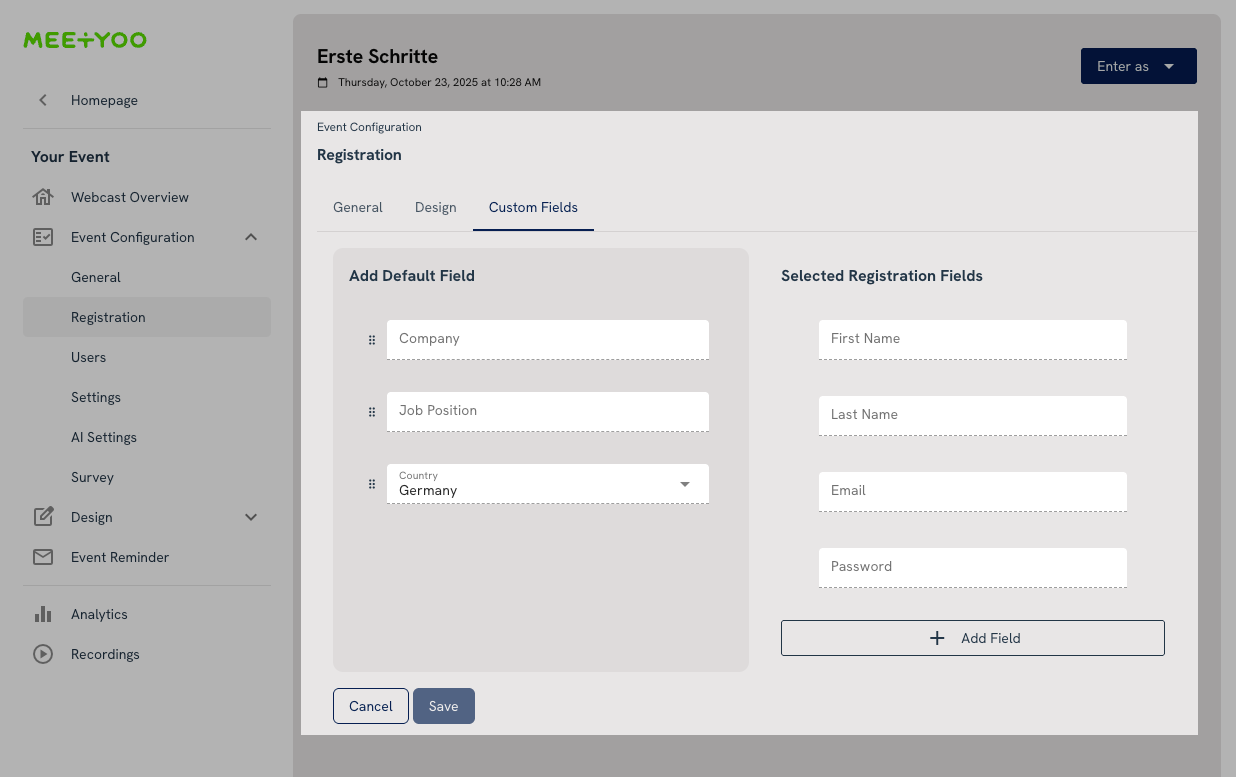 Meetyoo Show: Configure registration page