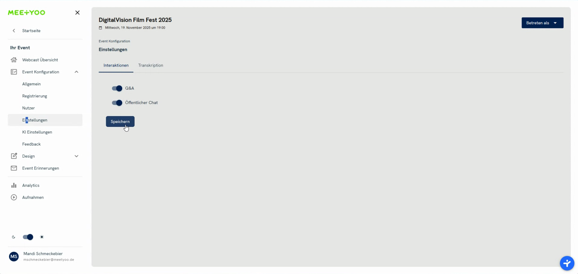 Screenshot der Einstellungsseite für Interaktionen mit den aktivierbaren Funktionen Q&A und Öffentlicher Chat.