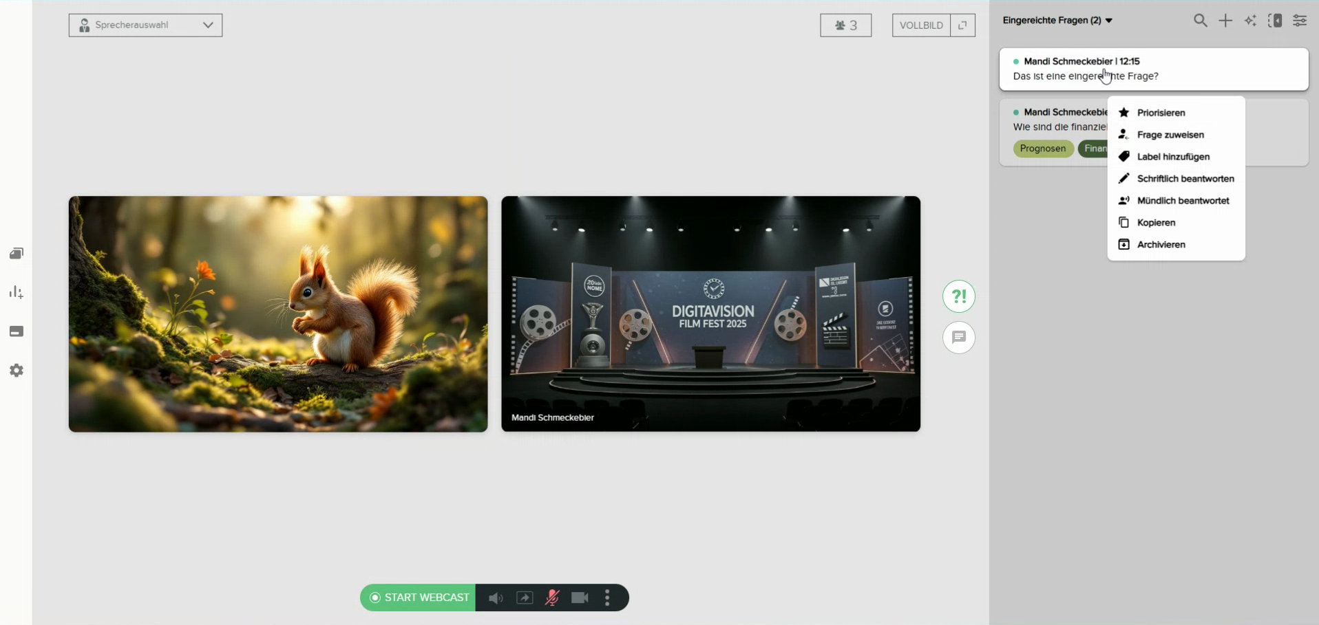 Screenshot der Moderator-Ansicht des Q&A-Bereichs, der die Möglichkeiten zum Labeln und Priorisieren der Fragen zeigt.