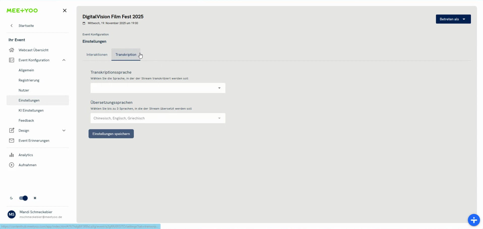 Screenshot der Einstellungsseite für Transkriptionen.