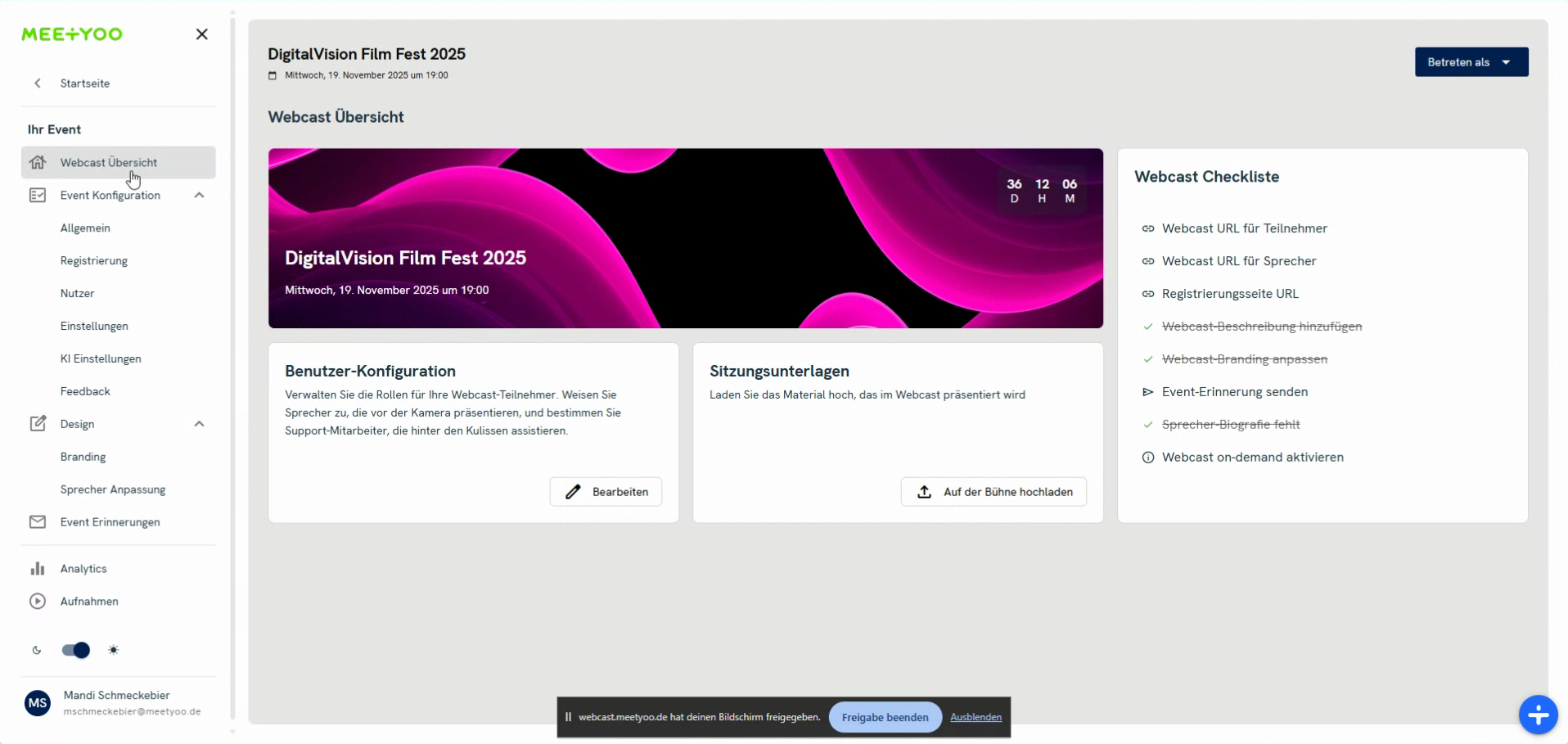 Screenshot of the AI Settings in the Event Configuration. Shows the activation of AI features, Chat with Webcast, and Live Assistant.