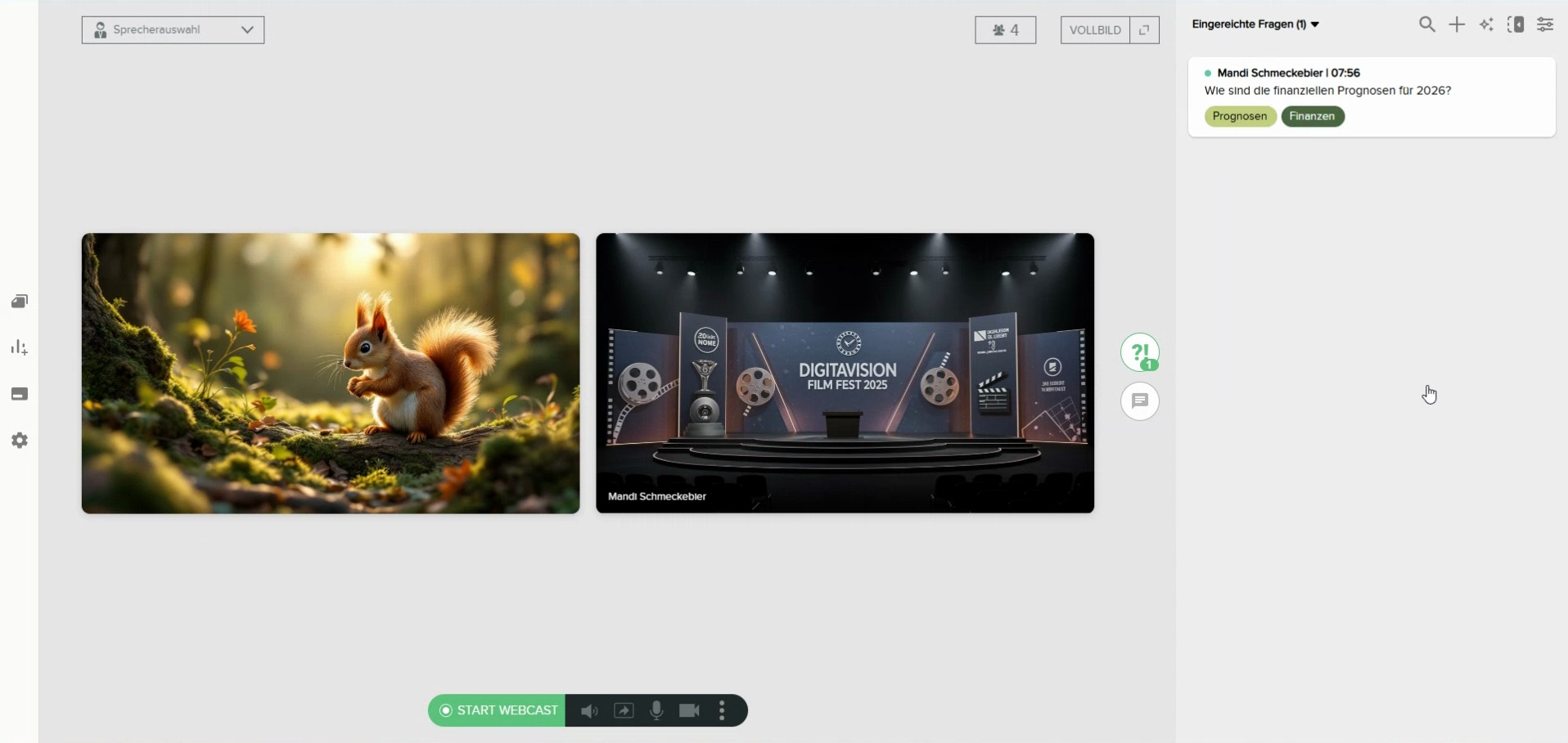 Screenshot of the questions area showing an incoming question with the automatically generated labels "Forecasts" and "Finance."