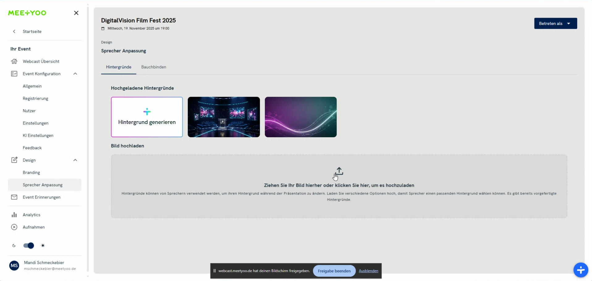 Screenshot der Upload-Funktion für Hintergrundbilder.