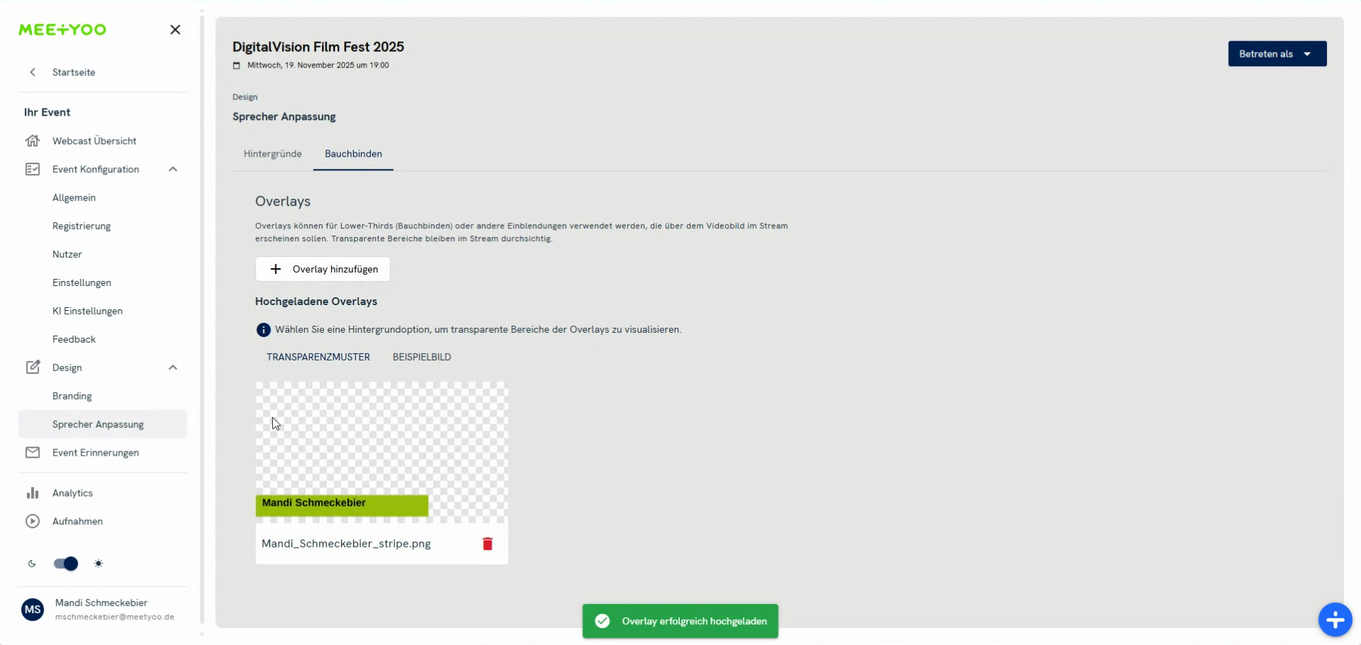 Screenshot der Übersicht der hochgeladenen Overlays.