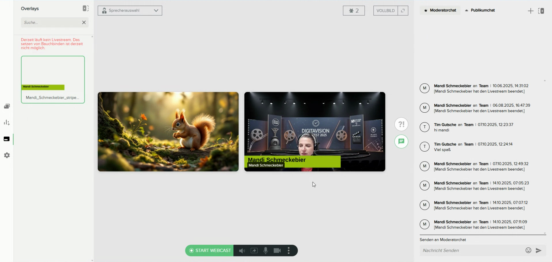 Screenshot der Live-Ansicht mit aktivem Overlay (Bauchbinde) und gewähltem Hintergrund.