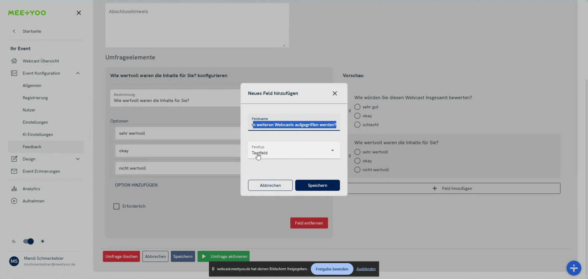 Fenster zum Hinzufügen eines neuen Umfragefeldes, mit Auswahl des Textfeld-Typs.