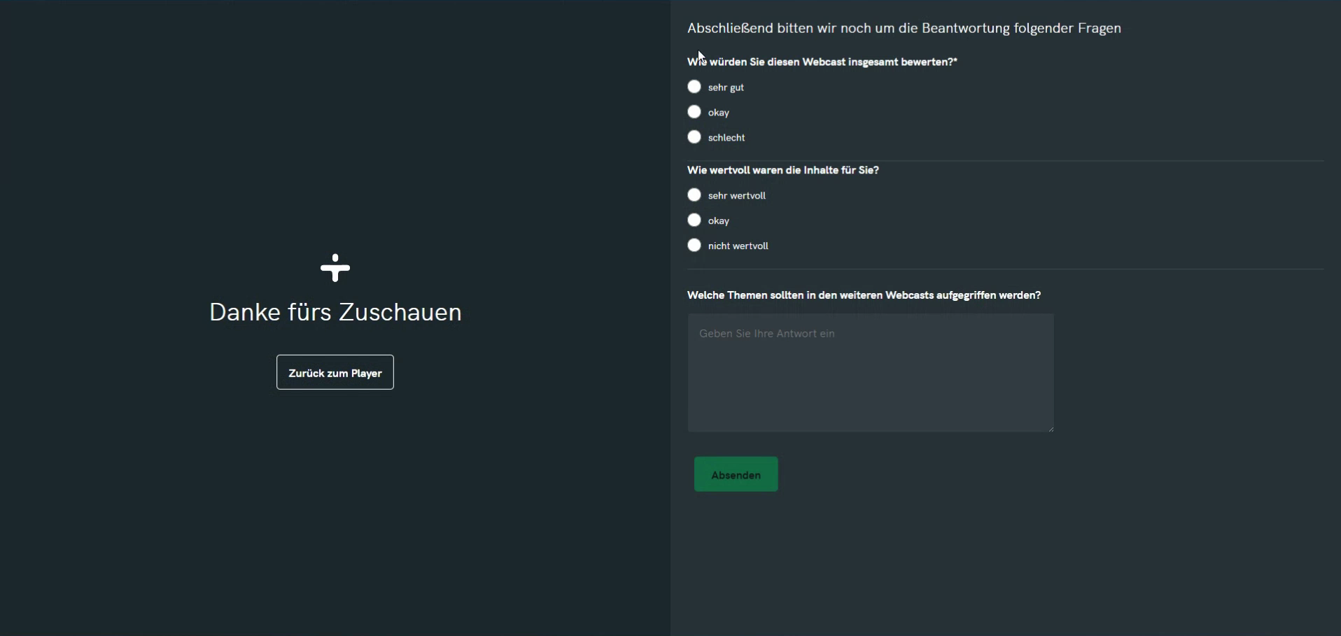 Ansicht der abgeschlossenen Feedback-Umfrage aus Teilnehmersicht mit den erstellten Fragen und der Erfolgsmeldung.