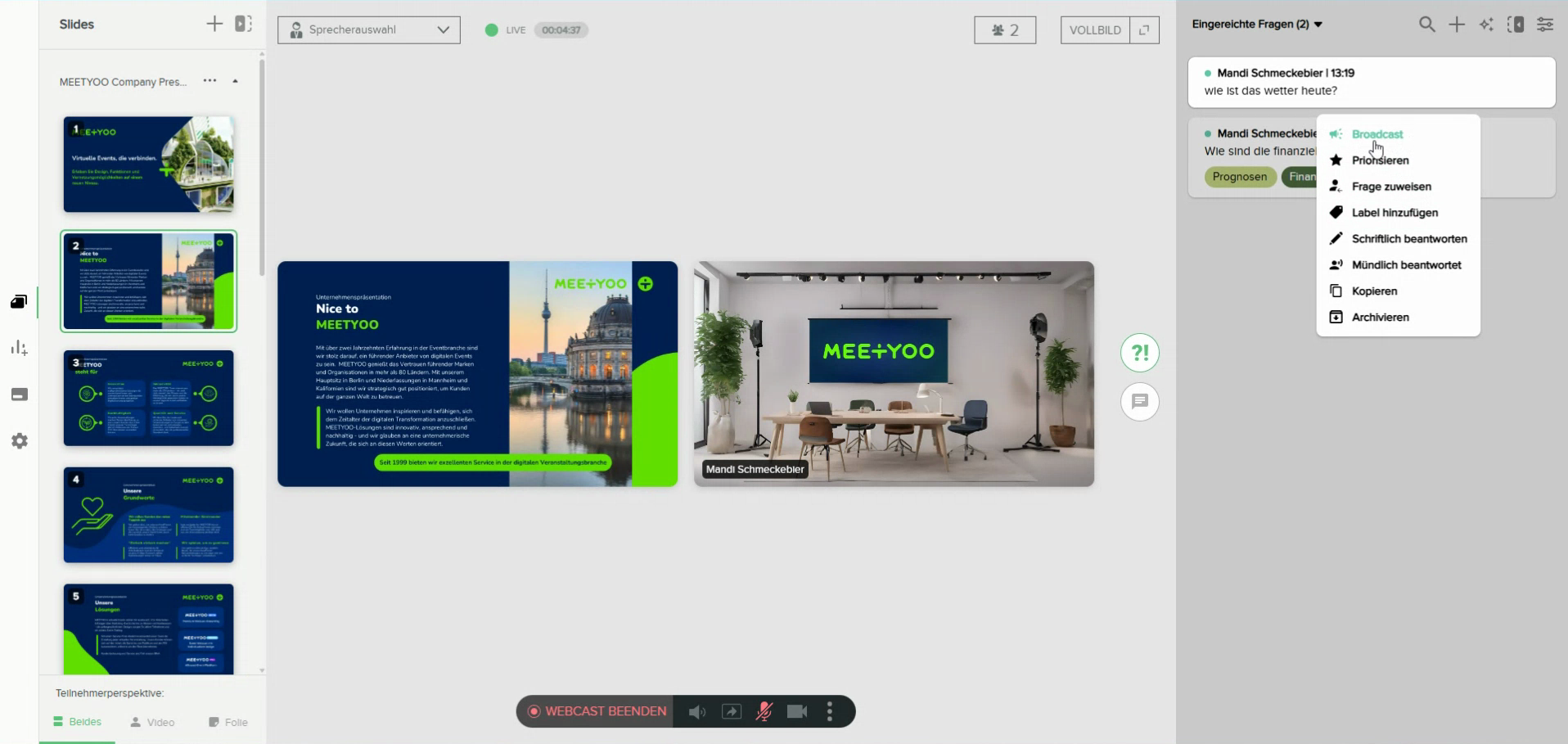 Fragen-Bereich mit Optionen