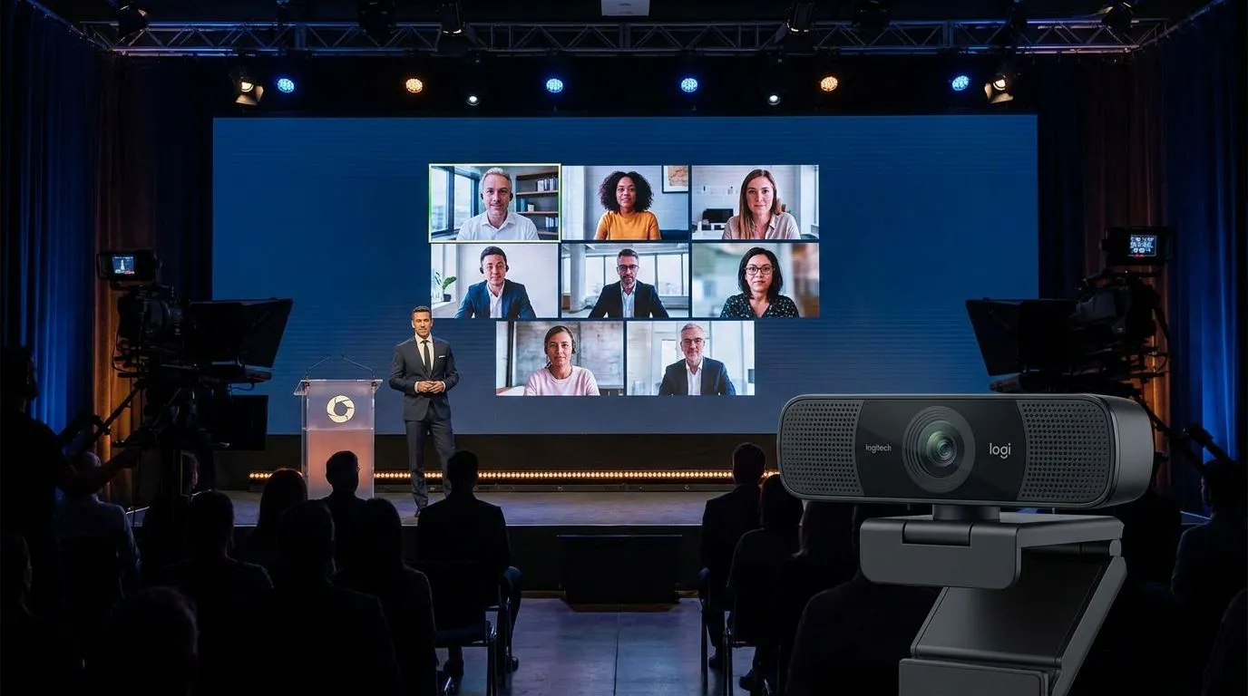 Professionelle Event-Bühne mit Presenter, Live-Videokonferenz-Kacheln auf dem Rückwand-Screen und Webcam im Vordergrund