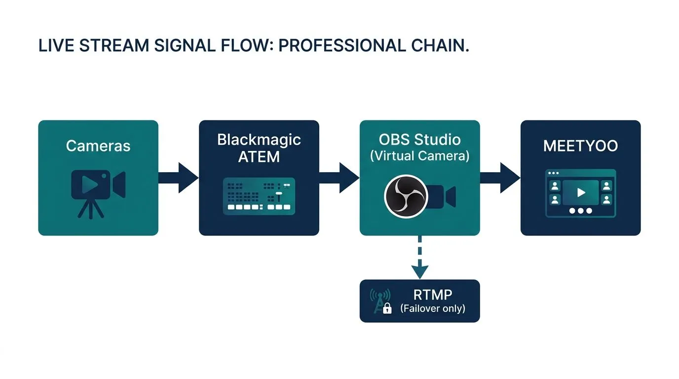 Signalfluss: Kameras → ATEM → OBS (Virtual Camera) → MEETYOO, RTMP als Failover-Zweig
