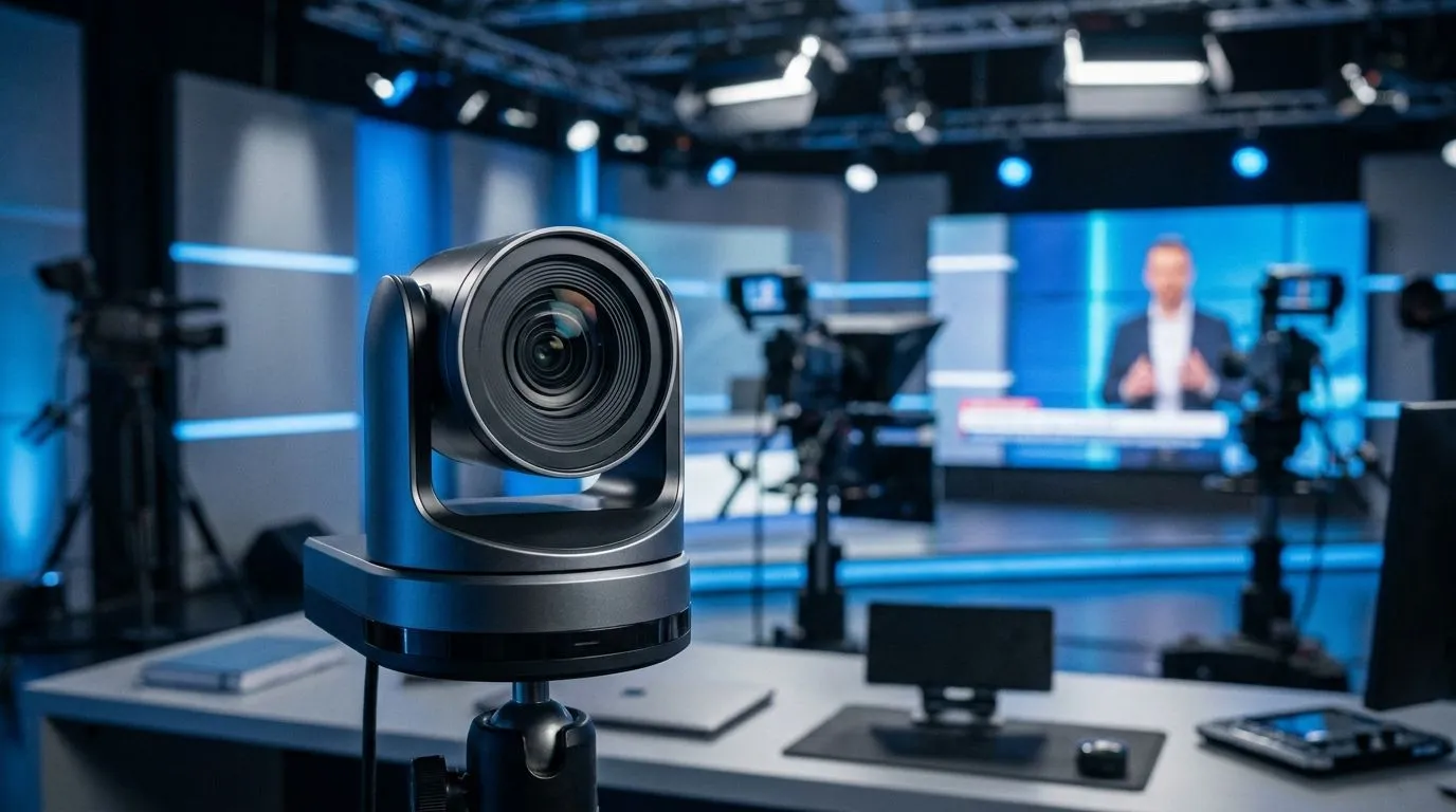 Professionelle Broadcast-Kamera im Vordergrund, im Hintergrund ein beleuchtetes Webcast-Studio mit Presenter