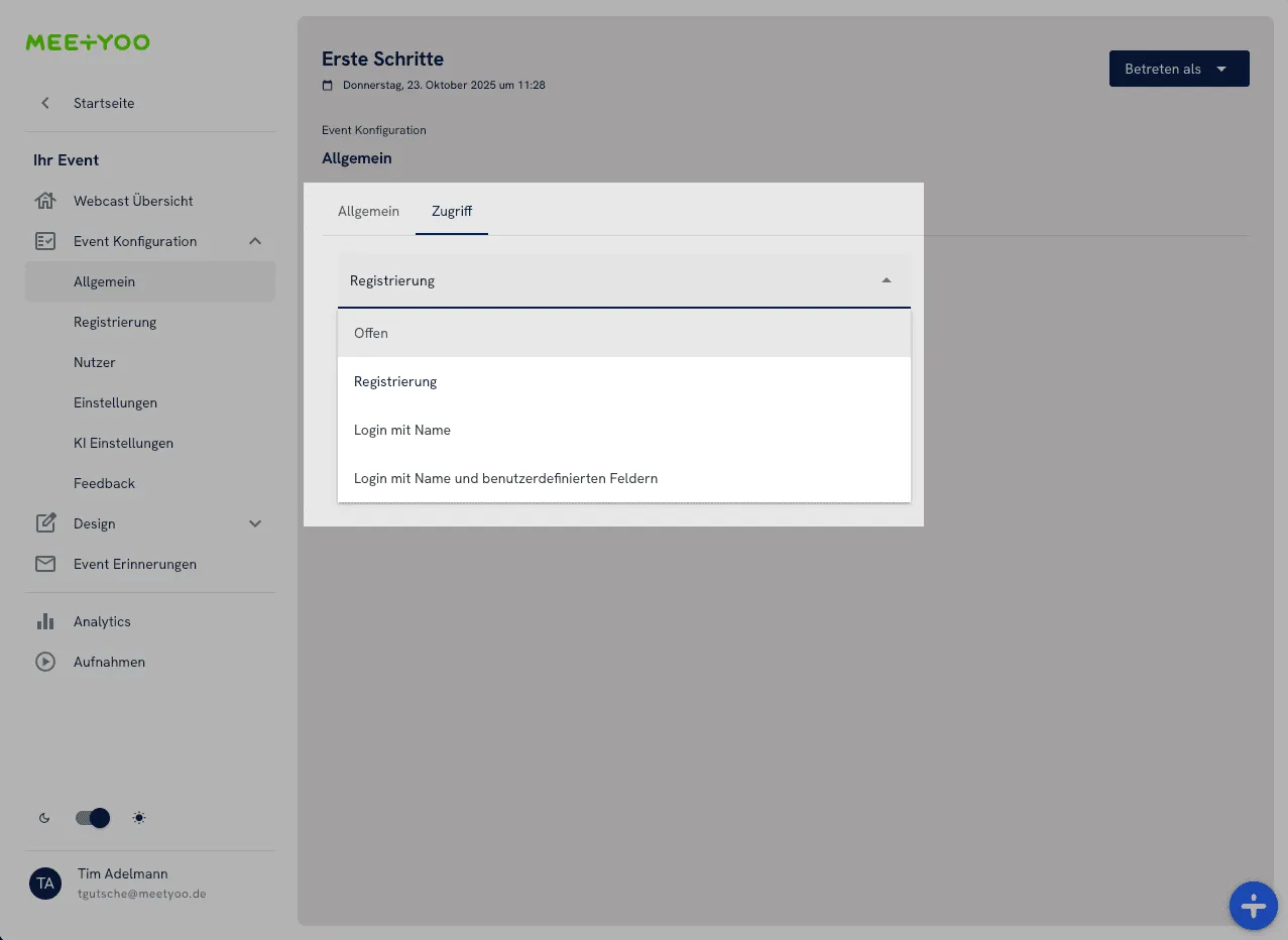 Meetyoo Show: Zugriffsmethode ändern