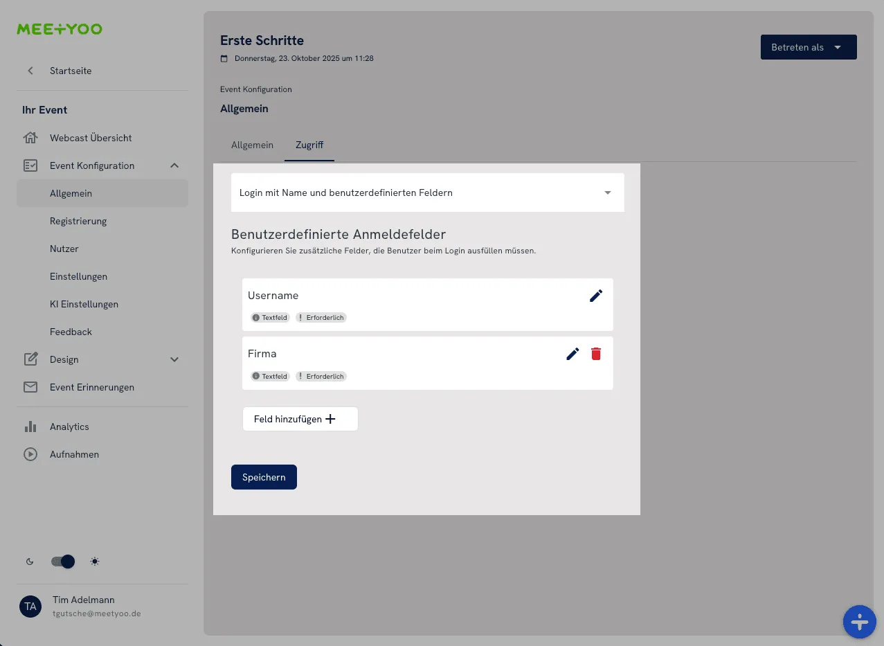 Meetyoo Show: Zugriff mit Name und benutzerdefinierten Feldern