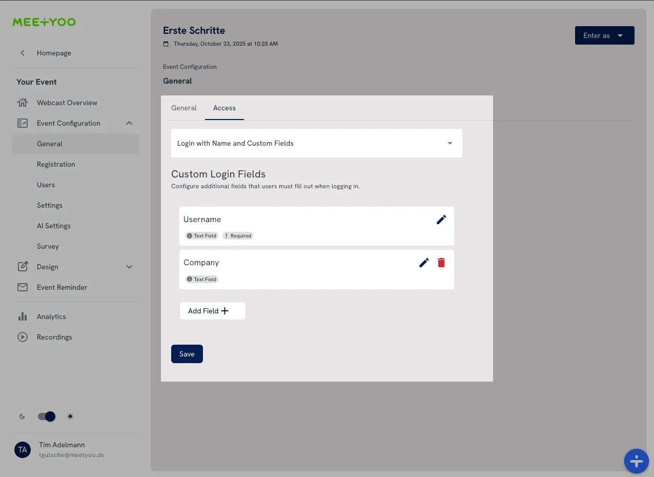 Meetyoo Show: Login with name and custom fields