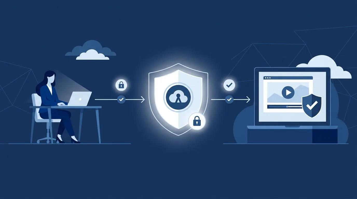 Schematischer Authentifizierungs-Flow: Unternehmensnutzer, Identity Provider und gesicherter Webcast