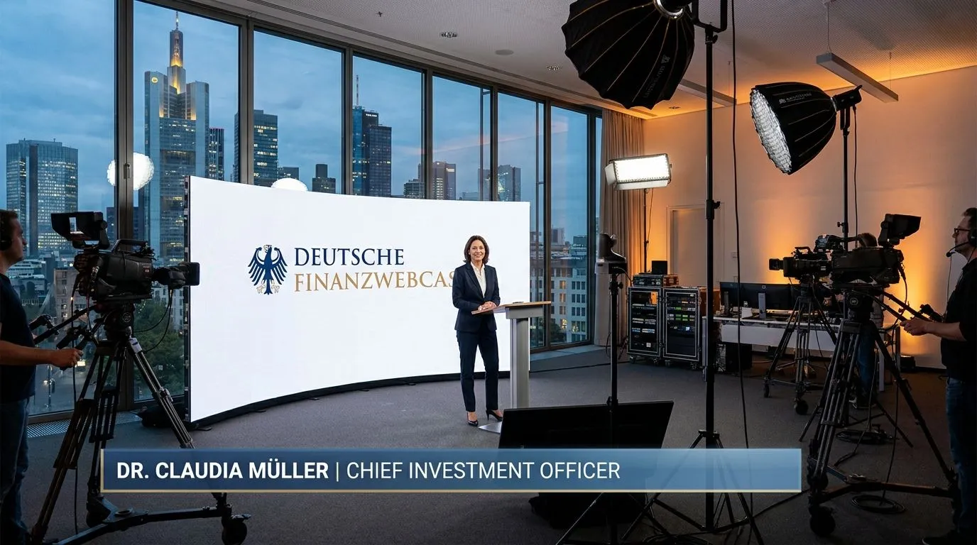 Professioneller Finanz-Webcast mit CI-Branding und Lower Third, Produktionssetup in Frankfurt