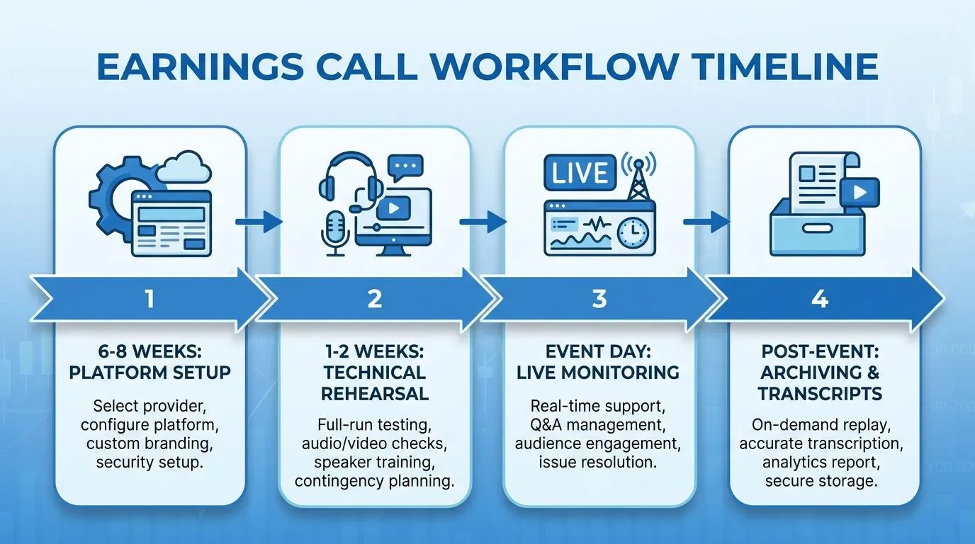 Earnings Call Workflow-Timeline: Von Setup bis Post-Event-Archivierung