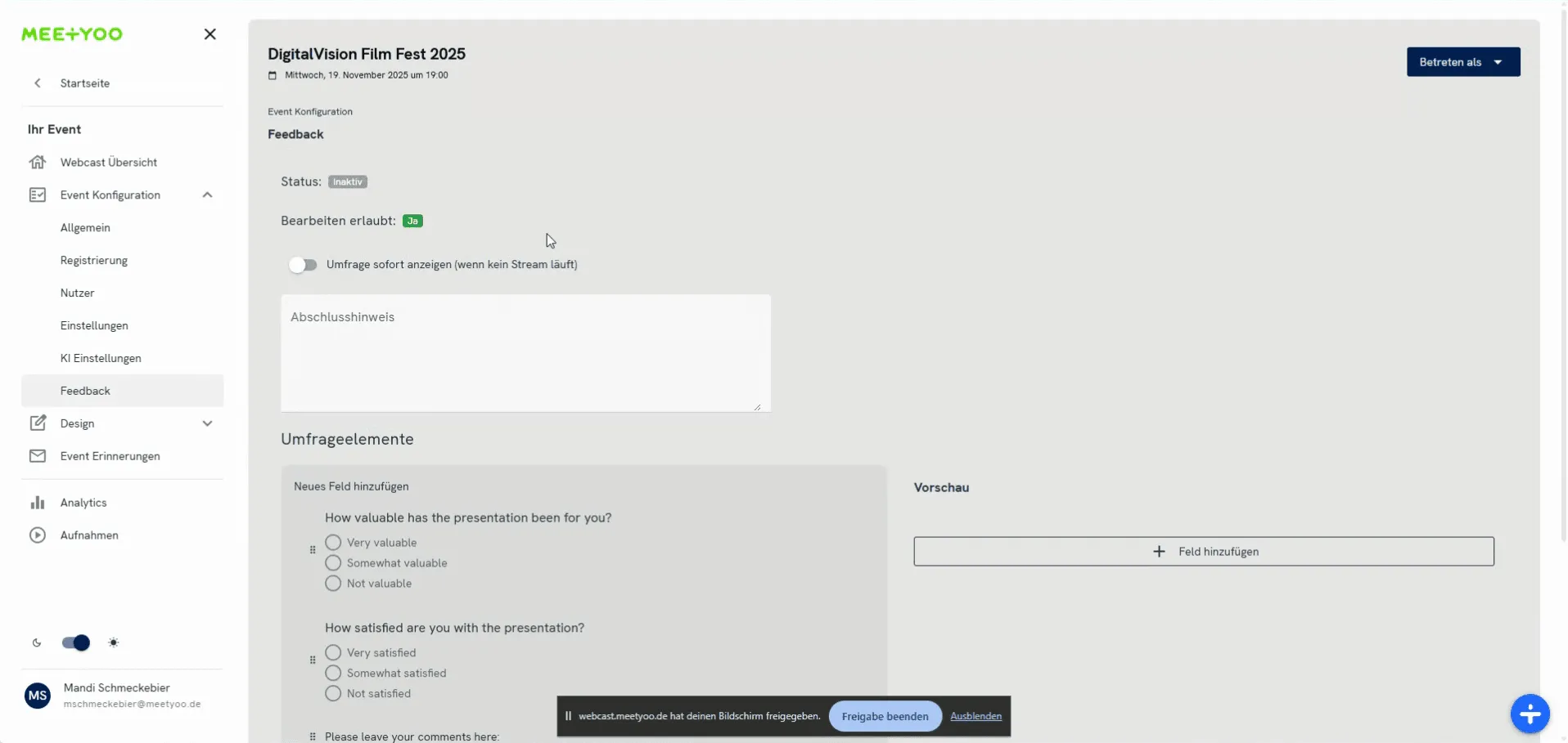 Overview of Feedback settings and adding the first question type.