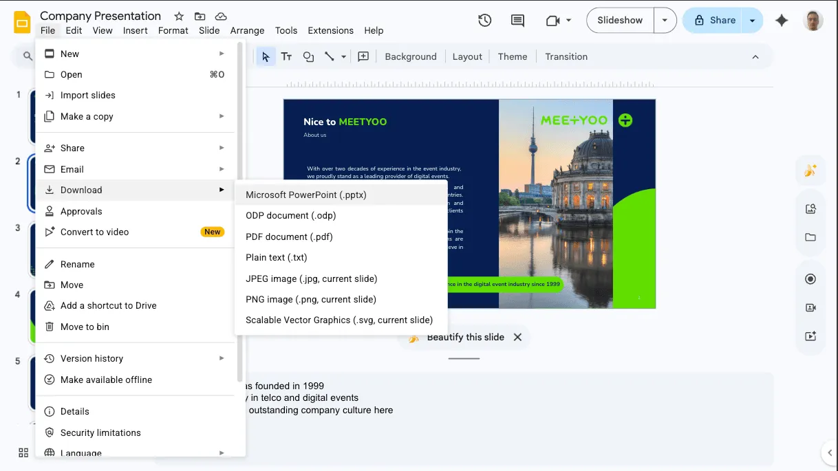 Exporting as PPTX from Google Slides
