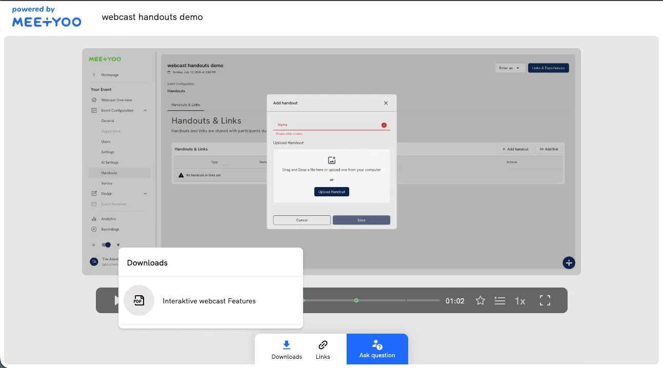 Downloads tab in the webcast player: participants see files directly alongside the stream