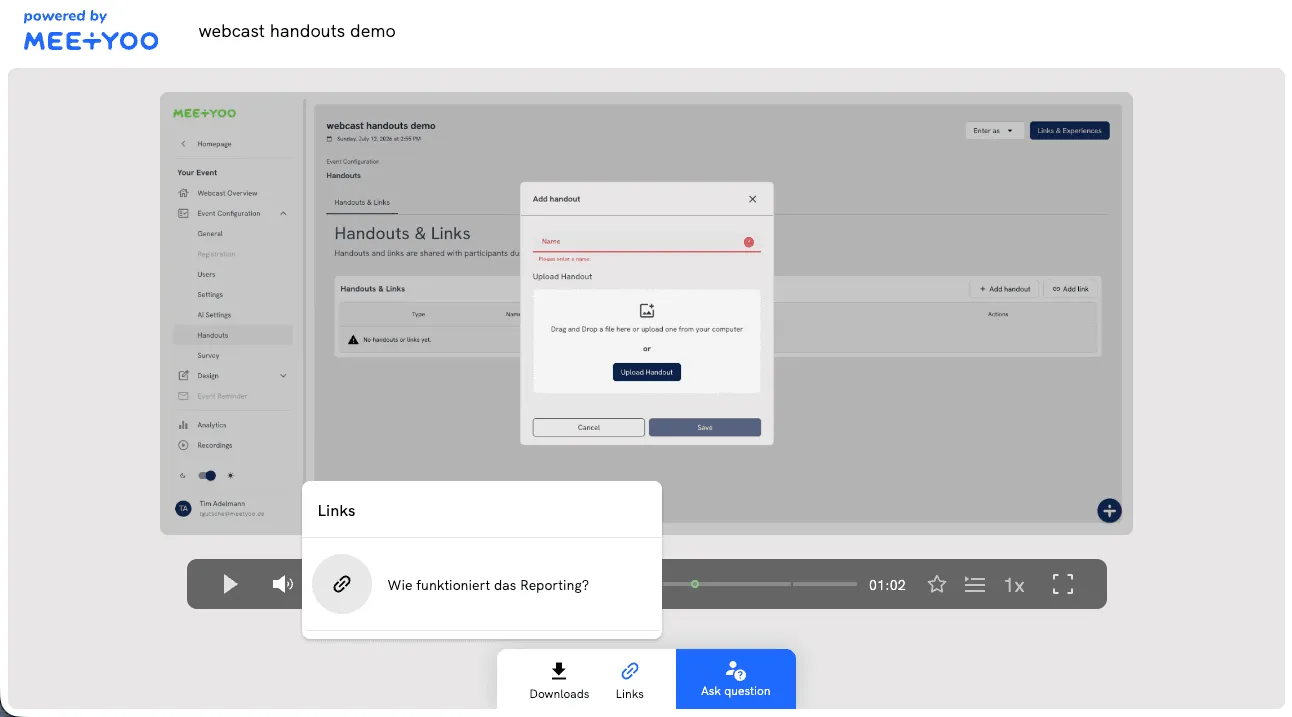 Links tab in the webcast player: external links with descriptive titles