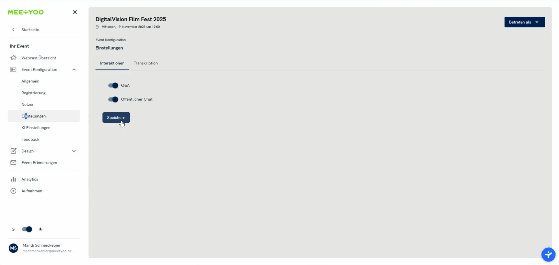 Screenshot of the settings page for interactions with the activatable Q&A and Public Chat functions.