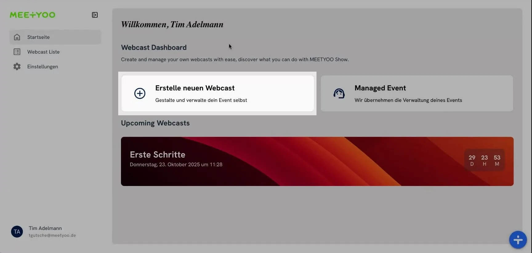Meetyoo Dashboard: Neuen Webcast erstellen