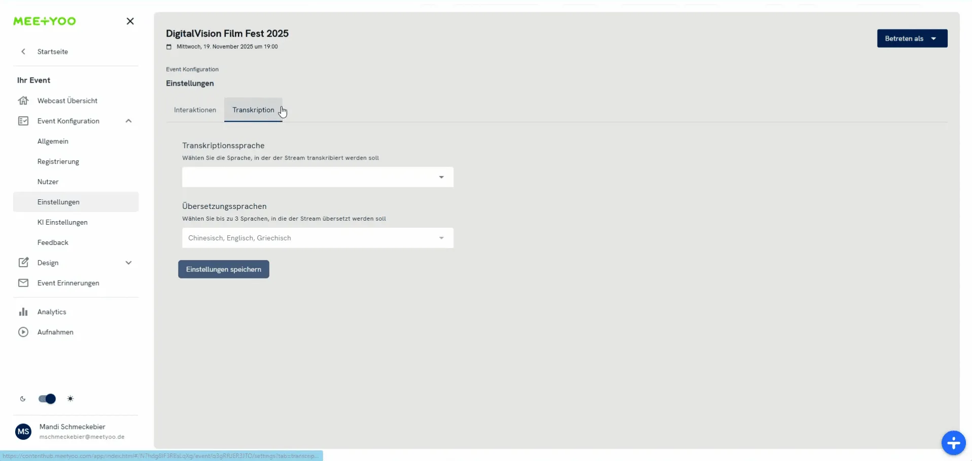 Screenshot of the settings page for transcriptions.