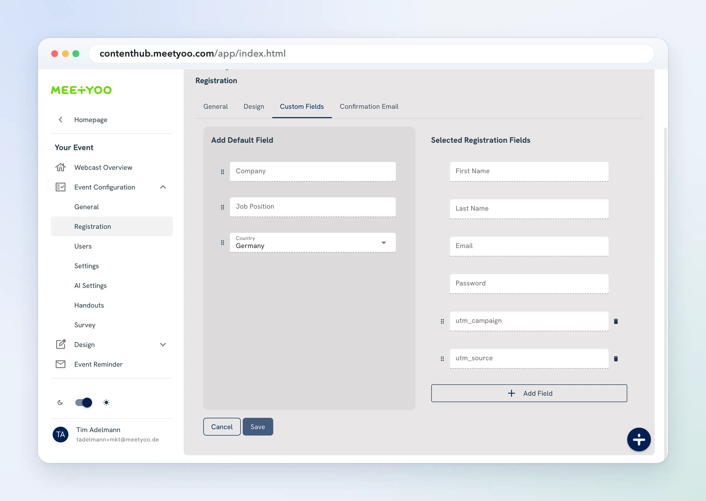 The custom fields settings of the registration page in MEETYOO Show