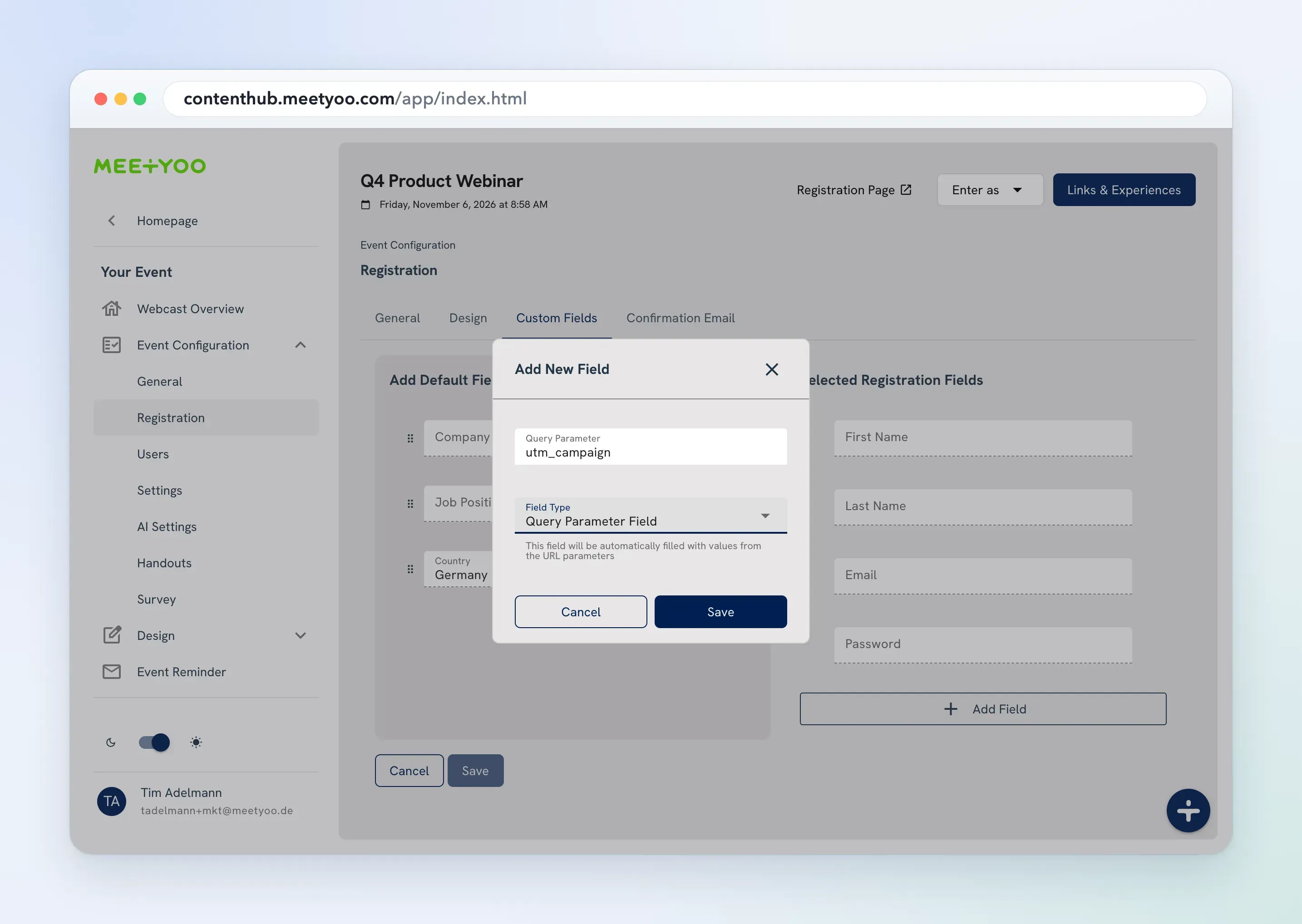 Adding a query parameter field to the registration custom fields