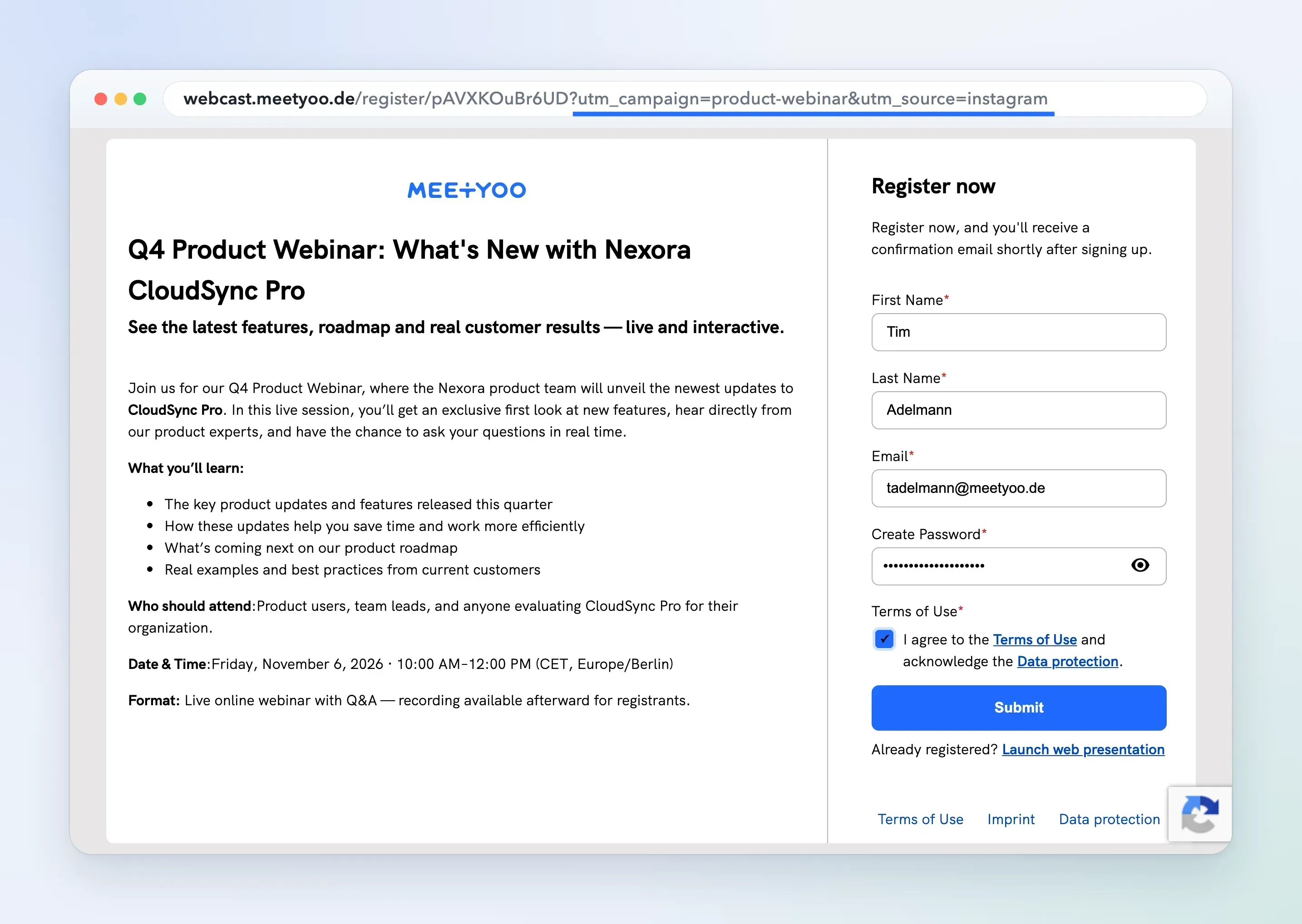 Registration page with UTM parameters in the URL and a filled registration form