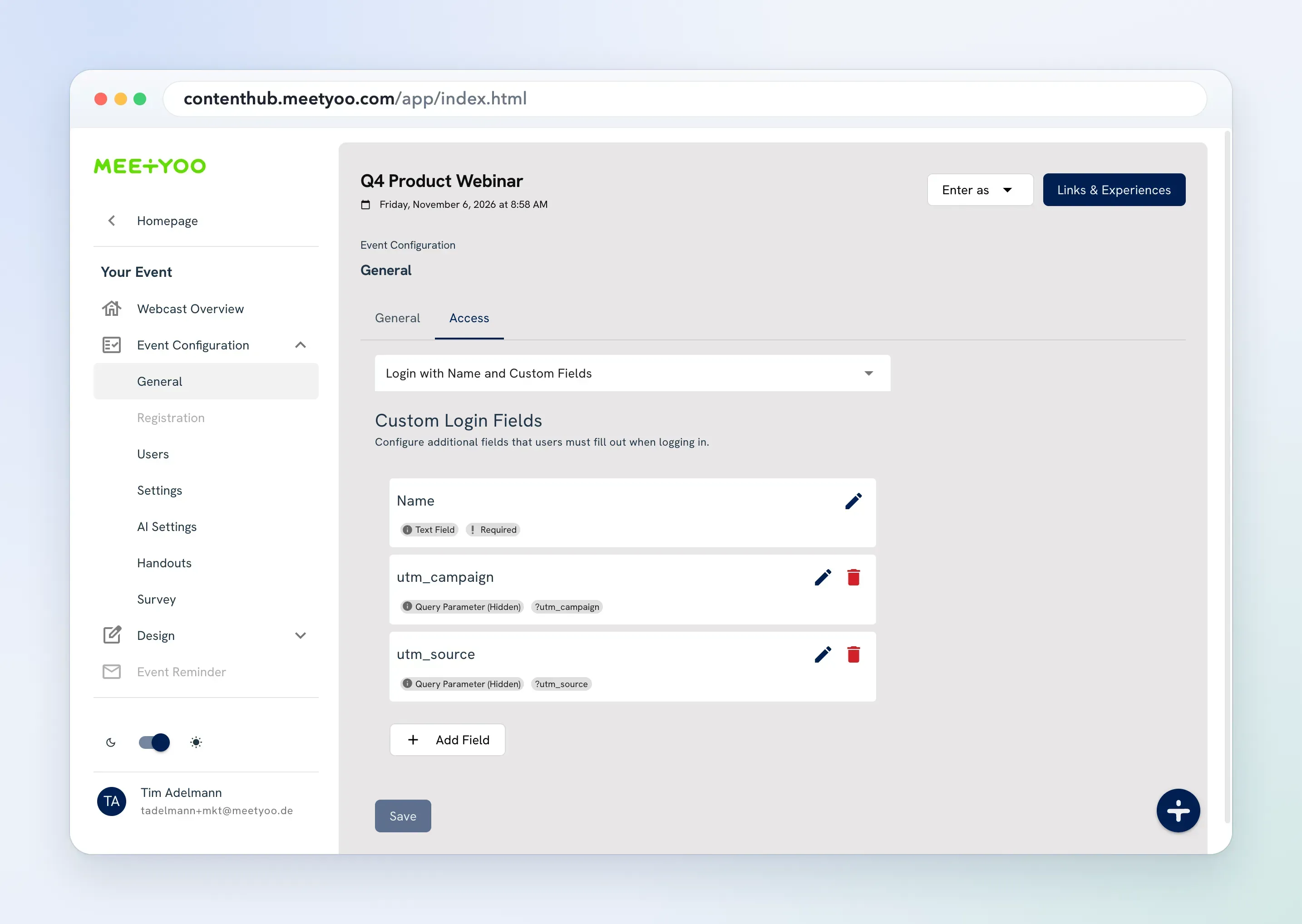 Finished configuration of login with custom fields including the defined UTM parameters