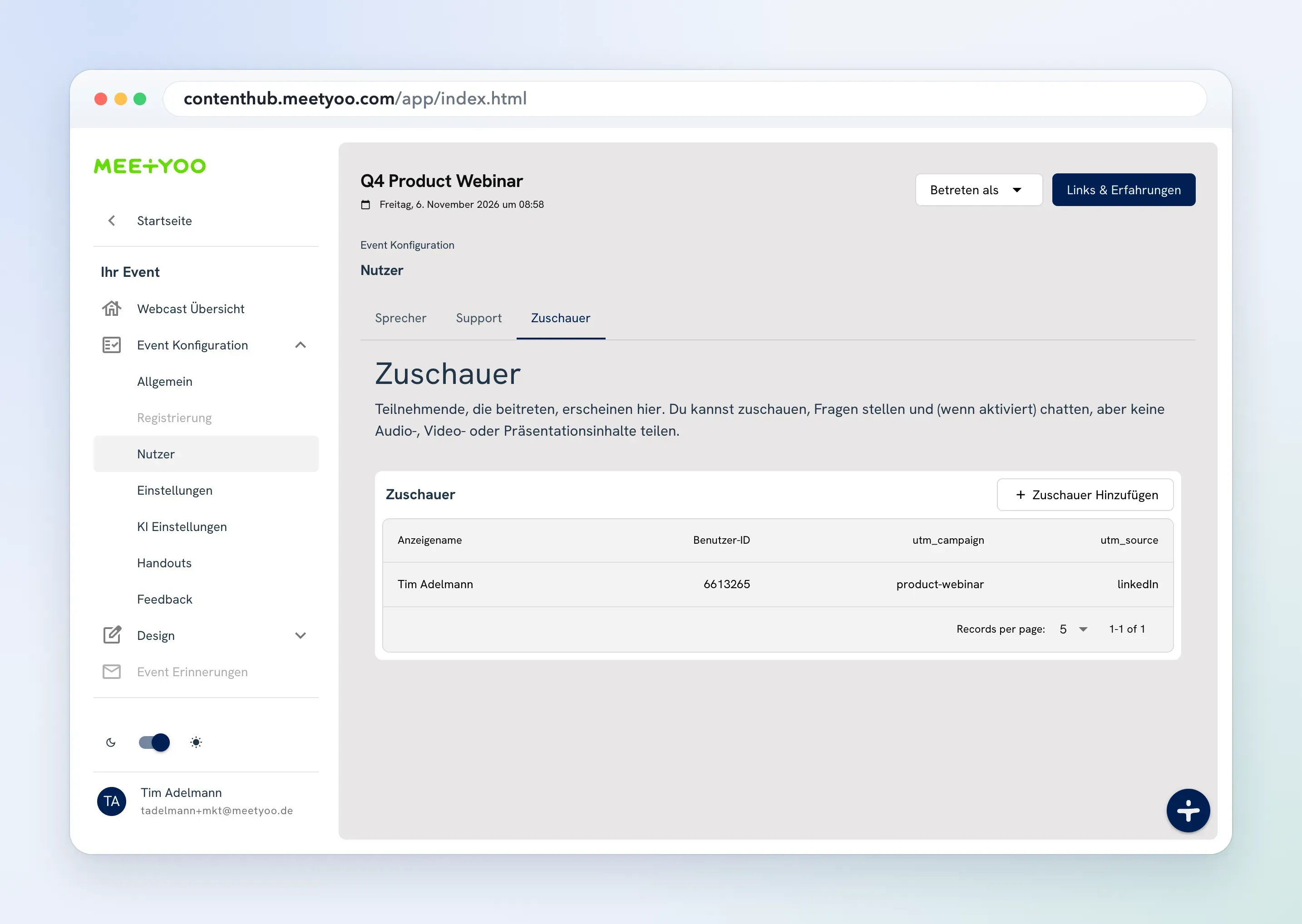 Attendee list after login with custom fields, showing the UTM parameter values from the URL