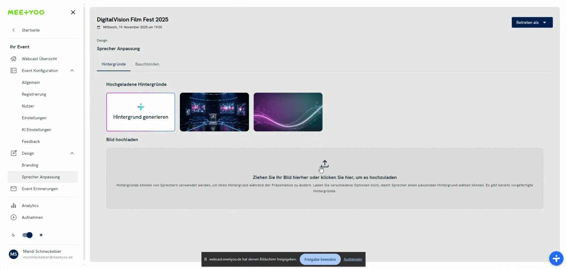Screenshot der Upload-Funktion für Hintergrundbilder.