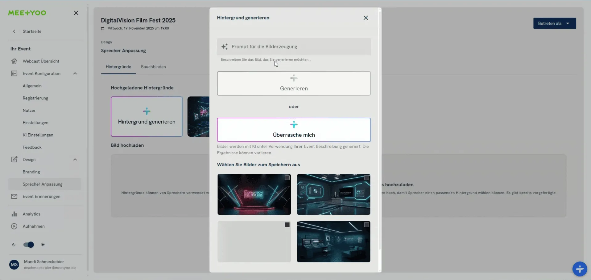 Screenshot des Pop-up-Fensters zur KI-Hintergrund-Generierung mit Prompt-Eingabe und 'Überrasche mich'-Option.
