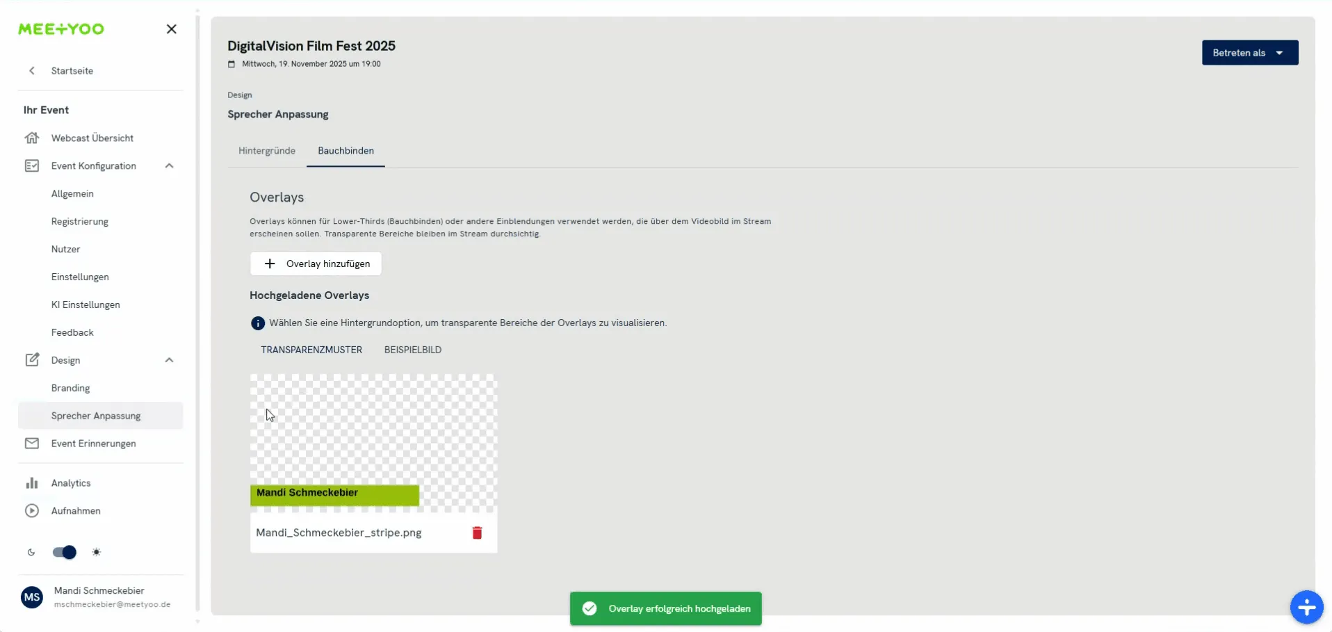 Screenshot der Übersicht der hochgeladenen Overlays.