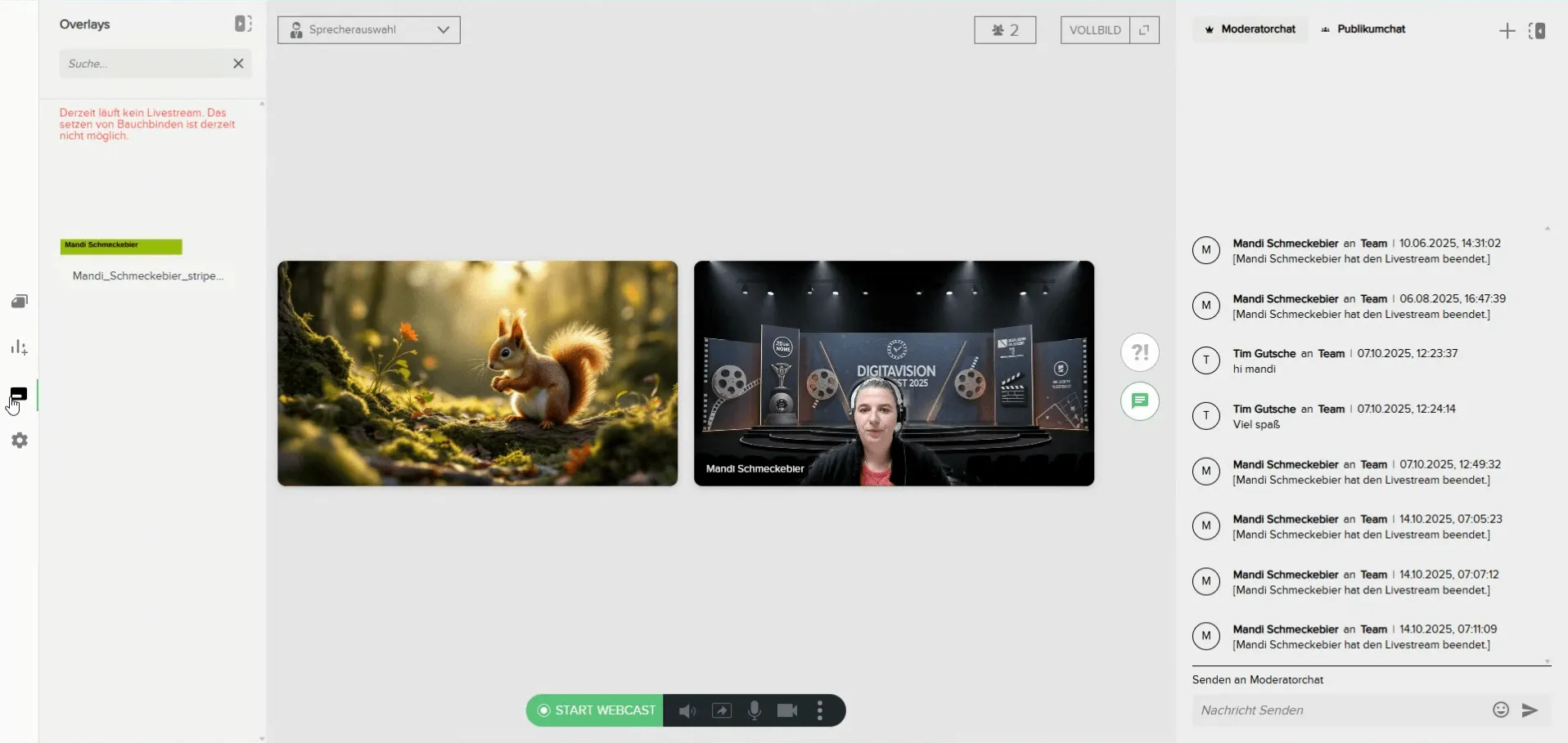 Screenshot des Webcam-Fensters mit eingeblendetem Overlay und Hintergrund und der Auswahlmöglichkeit 'Hintergrund einstellen'.
