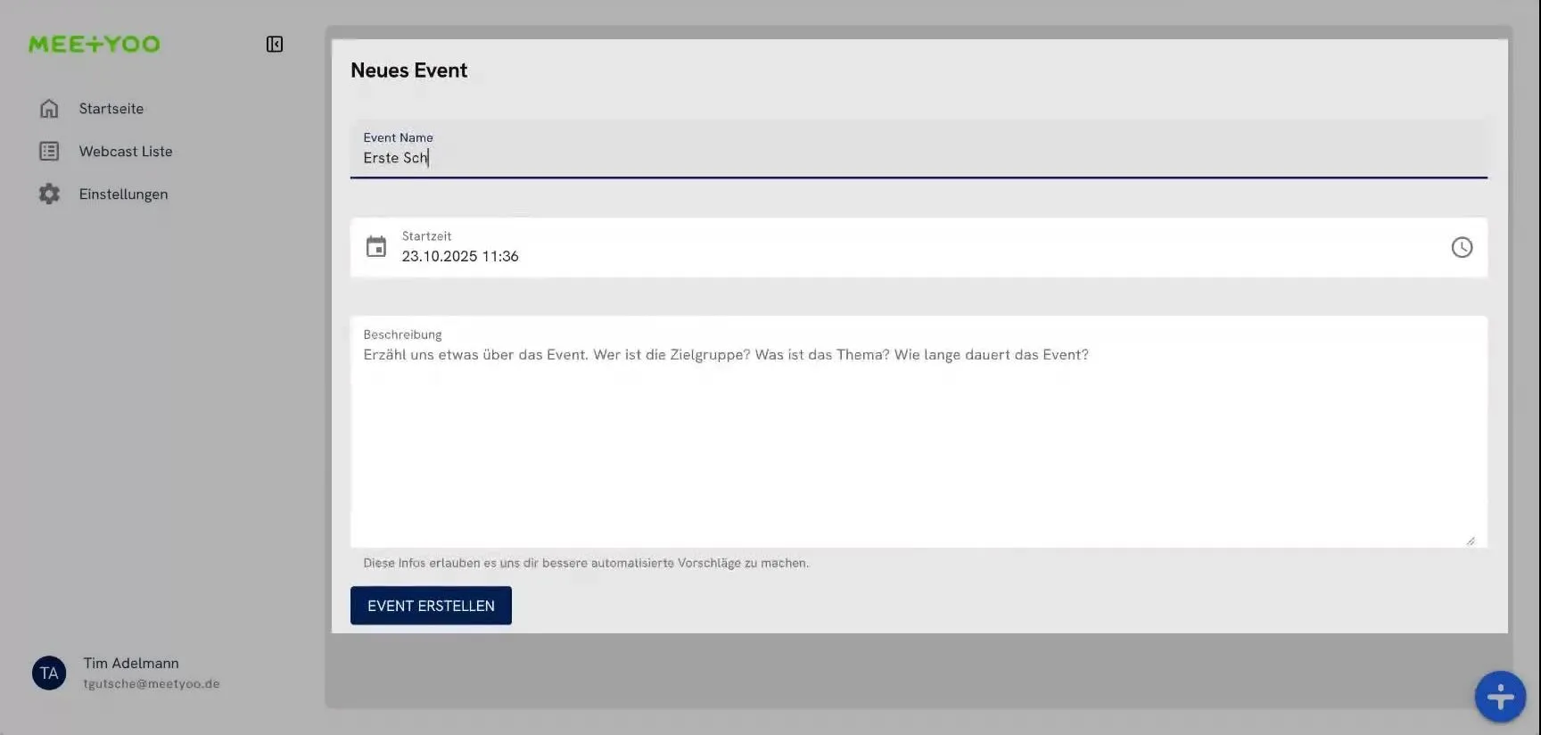 Webcast Erstellen Formular mit Event Details